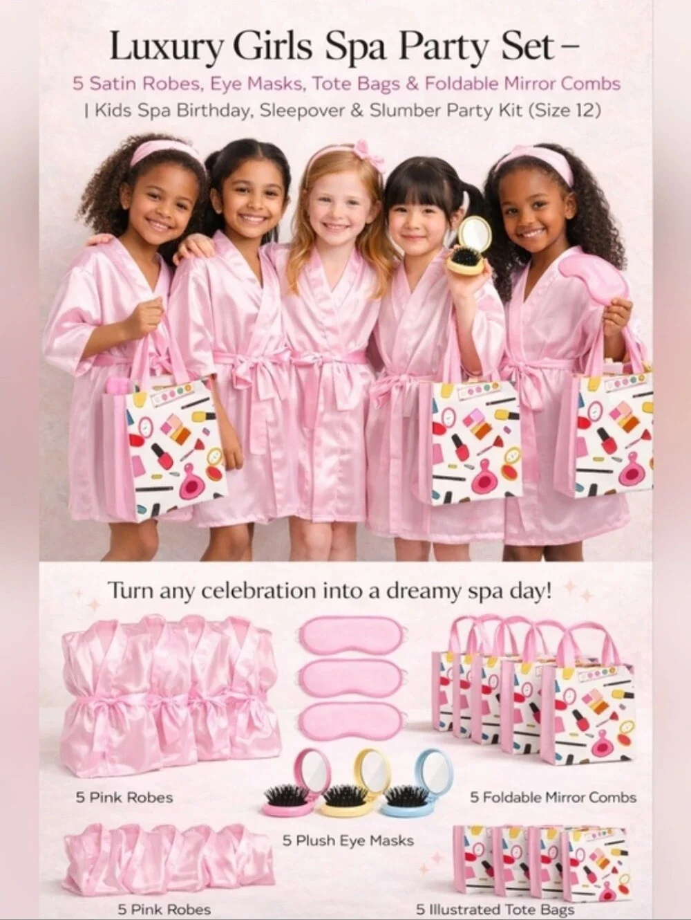Girls' Pink Spa Party Robe & Gift Bag Set - 5-Pack Size 12